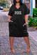 Black Casual Street Letter Print Pocket V Neck Short Sleeve Dress