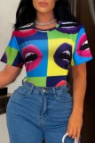 Multicolor Casual Lips Print Basic O Neck T-Shirts