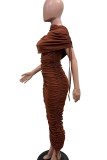 Brown Street Solid Color Draw String Ruched Patchwork O Neck Long Dresses