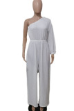 Rose Red Casual Solid Color Ruched Patchwork Oblique Collar Loose Jumpsuits