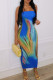 Blue Sexy Print Patchwork Strapless Long Dresses