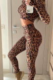 Camel Sexy Leopard Print Patchwork O Neck Long Sleeve Two Pieces