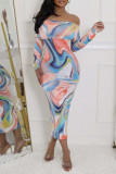 Multi-color Sexy Print Patchwork Off Shoulder Long Dresses