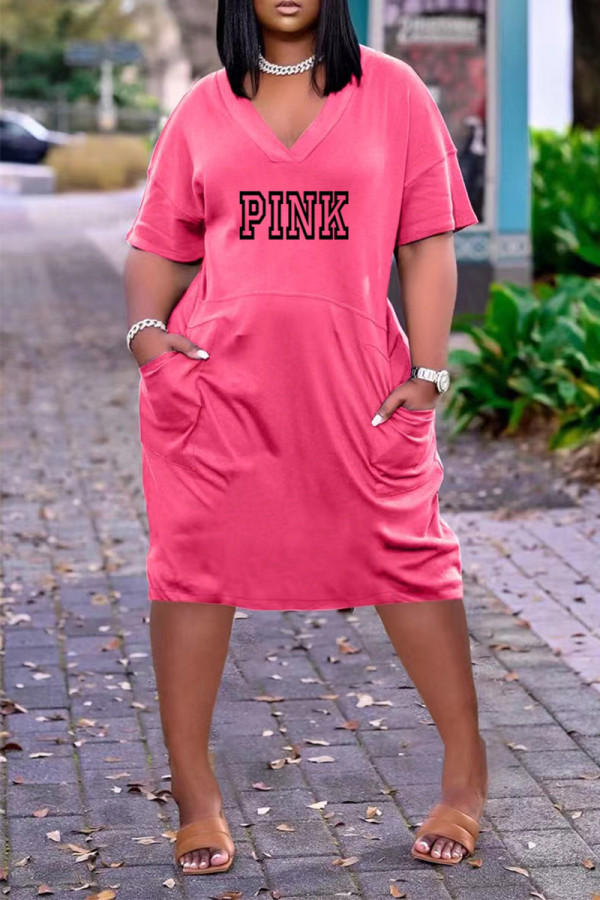 Rose Red Casual Street Letter Print Pocket V Neck Short Sleeve Dress