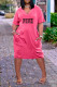 Rose Red Casual Street Letter Print Pocket V Neck Short Sleeve Dress