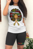 Black Casual Graffiti Print Letter Print O Neck Short Sleeve Two Pieces