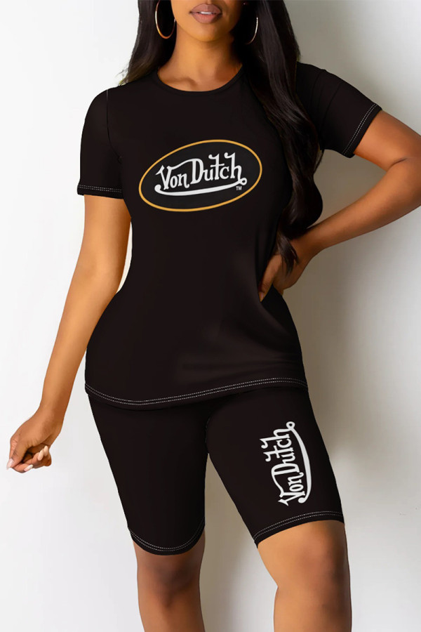 White Casual Daily Letter Print O Neck Short Sleeve Two Pieces