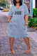 Light Blue Casual Street Letter Print Pocket V Neck Short Sleeve Dress