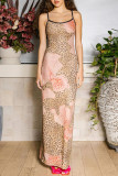 Leopard Print Celebrities Print Backless Slit Patchwork Spaghetti Strap Sling Dresses