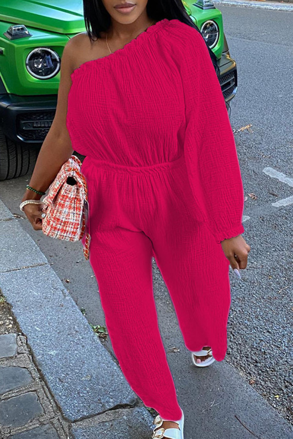Rose Red Casual Solid Color Ruched Patchwork Oblique Collar Loose Jumpsuits