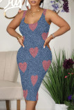 Blue Yellow Casual Street The stars Flowers Love Print Faux Denim Print U Neck Printed Dresses