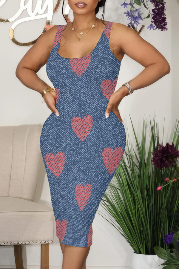 Red Blue Casual Street The stars Flowers Love Print Faux Denim Print U Neck Printed Dresses