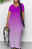 Purple Casual Daily Gradient Print Contrast V Neck Printed Dresses