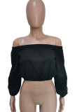 Black Casual Solid Color Backless Patchwork Off Shoulder Tops