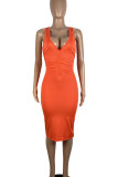 Orange Sexy Solid Color Backless Ruched Patchwork Deep V Neck Wrapped Skirt Dresses