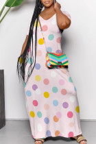 Pink Casual Polka Dot Print Pocket Contrast V Neck Printed Dresses