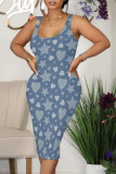 Blue Yellow Casual Street The stars Flowers Love Print Faux Denim Print U Neck Printed Dresses