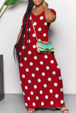 Red Casual Polka Dot Print Pocket Contrast V Neck Printed Dresses