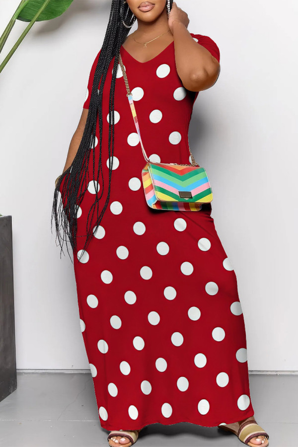 Red Casual Polka Dot Print Pocket Contrast V Neck Printed Dresses