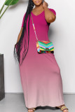 Purple Casual Daily Gradient Print Contrast V Neck Printed Dresses
