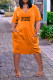 Orange Casual Street Letter Print Pocket V Neck Short Sleeve Dress