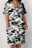 Pink Casual Camouflage Print Pocket Contrast V Neck Printed Plus Size Dresses