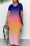 Purple Casual Daily Gradient Print Contrast V Neck Printed Dresses