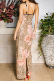 Leopard Print Celebrities Print Backless Slit Patchwork Spaghetti Strap Sling Dresses