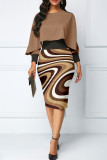 Coffee Sexy Stripe Slit Zipper Patchwork O Neck Wrapped Skirt Dresses