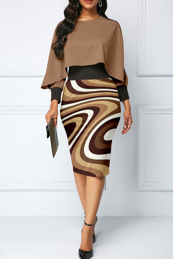 Coffee Sexy Stripe Slit Zipper Patchwork O Neck Wrapped Skirt Dresses
