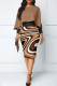 Coffee Sexy Stripe Slit Zipper Patchwork O Neck Wrapped Skirt Dresses