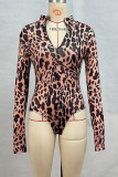 Camel Sexy Leopard Print Zipper Patchwork O Neck Skinny Bodysuits