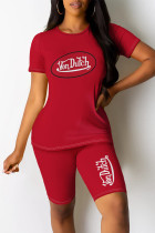 Red Casual Daily Letter Print O Neck Short Sleeve Two Pieces