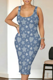 Blue Yellow Casual Street The stars Flowers Love Print Faux Denim Print U Neck Printed Dresses