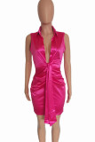 Rose Red Sexy Solid Color Strap Design Patchwork Deep V Neck Wrapped Skirt Dresses