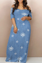 Blue Sexy Flowers Print Off Shoulder Printed Dresses