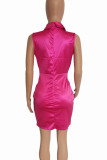Rose Red Sexy Solid Color Strap Design Patchwork Deep V Neck Wrapped Skirt Dresses