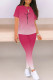Rose Red Casual Gradient Print Letter Print Contrast O Neck Short Sleeve Two Pieces