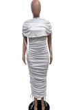 White Street Solid Color Draw String Ruched Patchwork O Neck Long Dresses