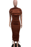 Brown Street Solid Color Draw String Ruched Patchwork O Neck Long Dresses