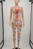 Multicolor Sexy Print Backless Cross Straps Patchwork Strapless Sleeveless Two Pieces