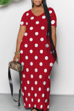 Red Casual Polka Dot Print Pocket Contrast V Neck Printed Dresses