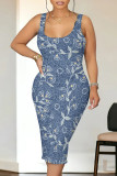 Blue Yellow Casual Street The stars Flowers Love Print Faux Denim Print U Neck Printed Dresses