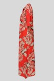 Tangerine Red Casual Leaf Print Buttons Shirt Collar Long Dresses