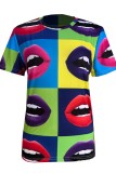 Multicolor Casual Lips Print Basic O Neck T-Shirts