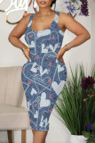 Blue Yellow Casual Street The stars Flowers Love Print Faux Denim Print U Neck Printed Dresses