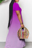 Purple Casual Daily Gradient Print Contrast V Neck Printed Dresses