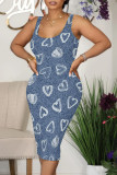 Blue Yellow Casual Street The stars Flowers Love Print Faux Denim Print U Neck Printed Dresses