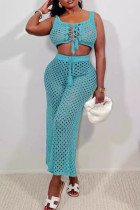 Peacock Blue Sexy Solid Color Hollow Out Strap Design Patchwork U Neck Sleeveless Two Pieces