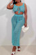 Peacock Blue Sexy Solid Color Hollow Out Strap Design Patchwork U Neck Sleeveless Two Pieces